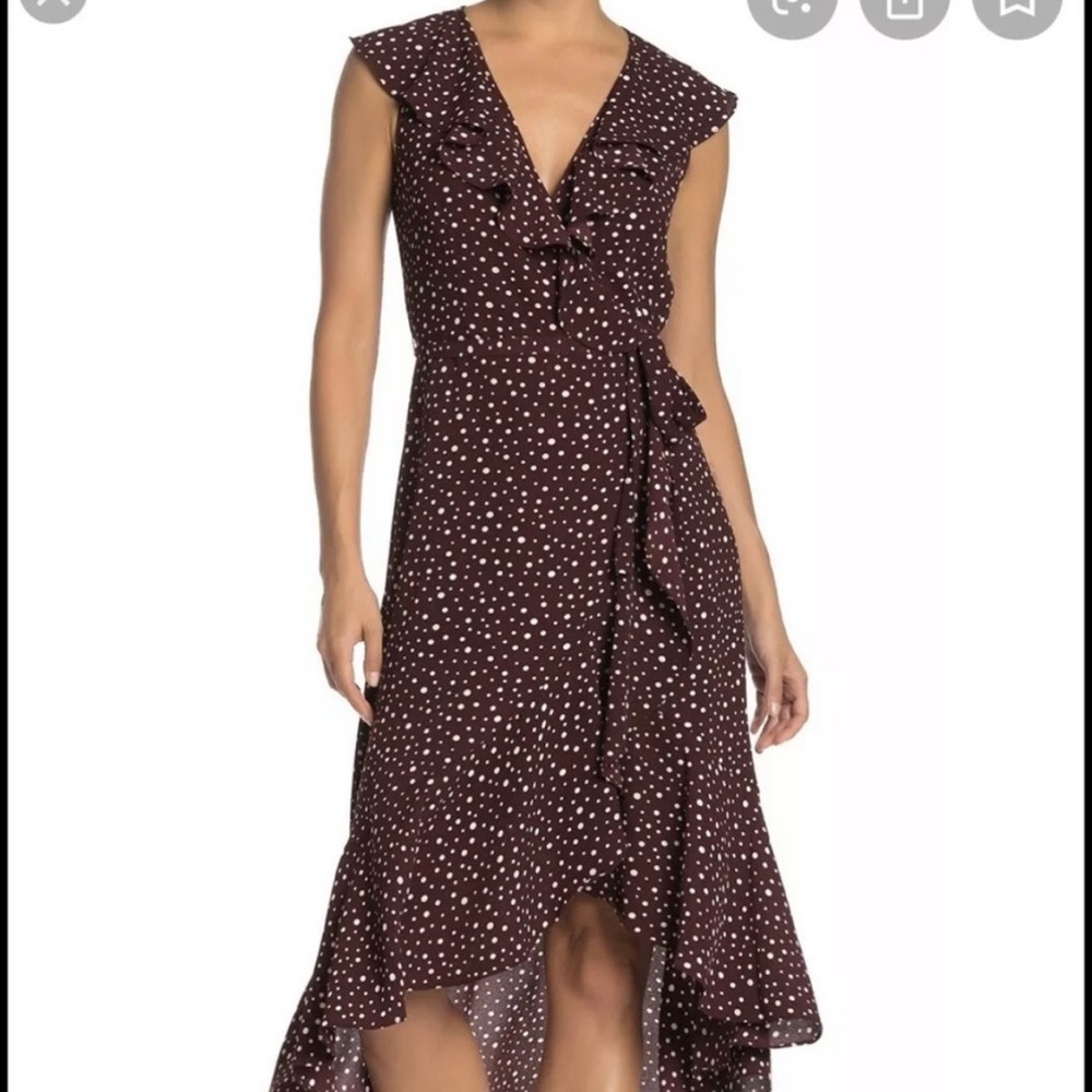 NWT Max Studio boho high low ruffle wrap polka dot dress, size L